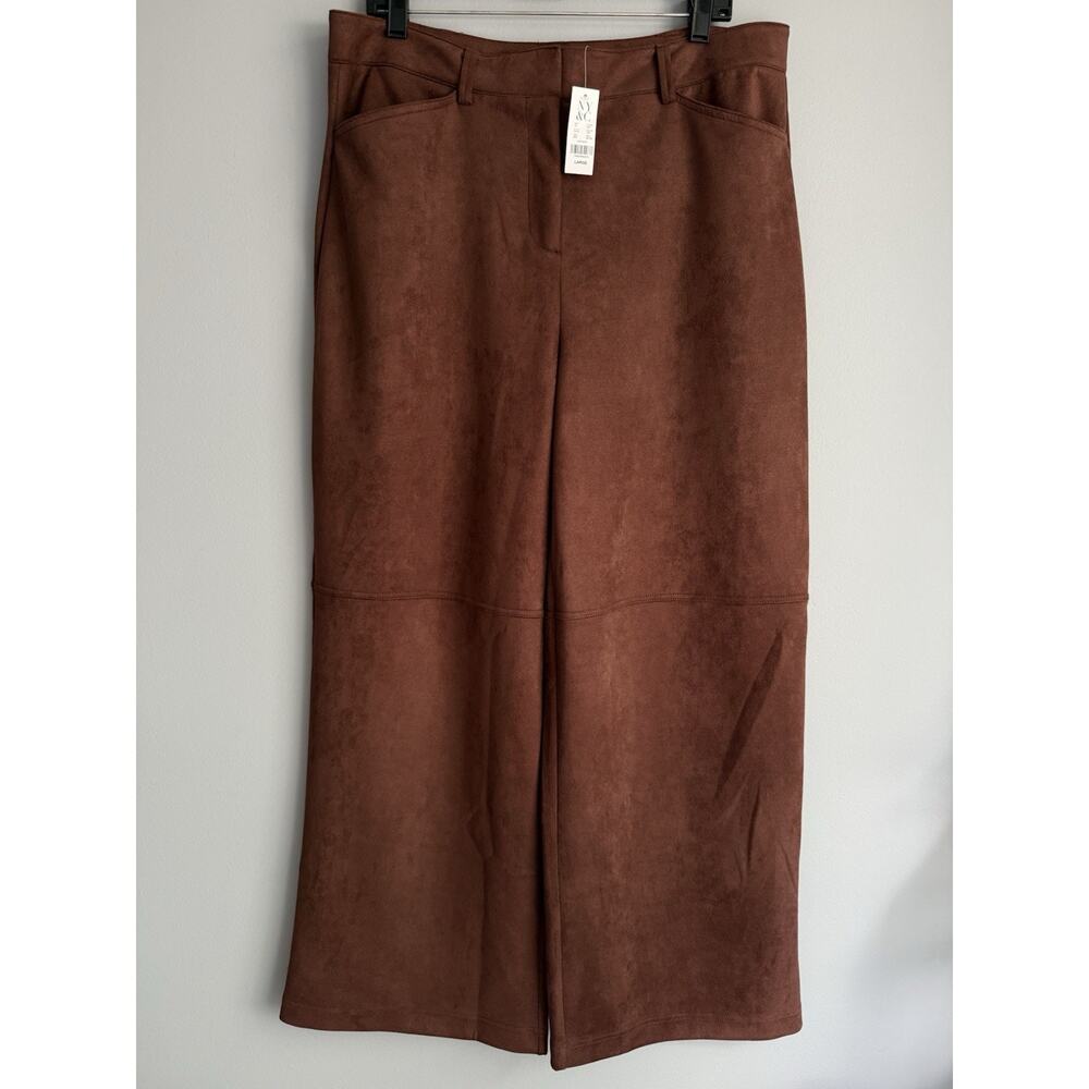 NY&C Faux Suede Wide Leg Pants Brown High Rise Palazzo Women Large NWT
